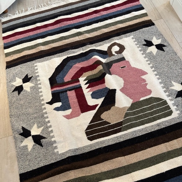 Vintage Native Indian Chief Head Woven Aztec Mayan Rug Throw Blanket 52” X 80” - Picture 3 of 5